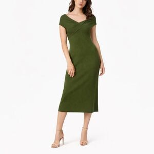 Vince Ribbed Midi Dress Women's Small Olive Green Twist Neck Bodycon Minimal Cla